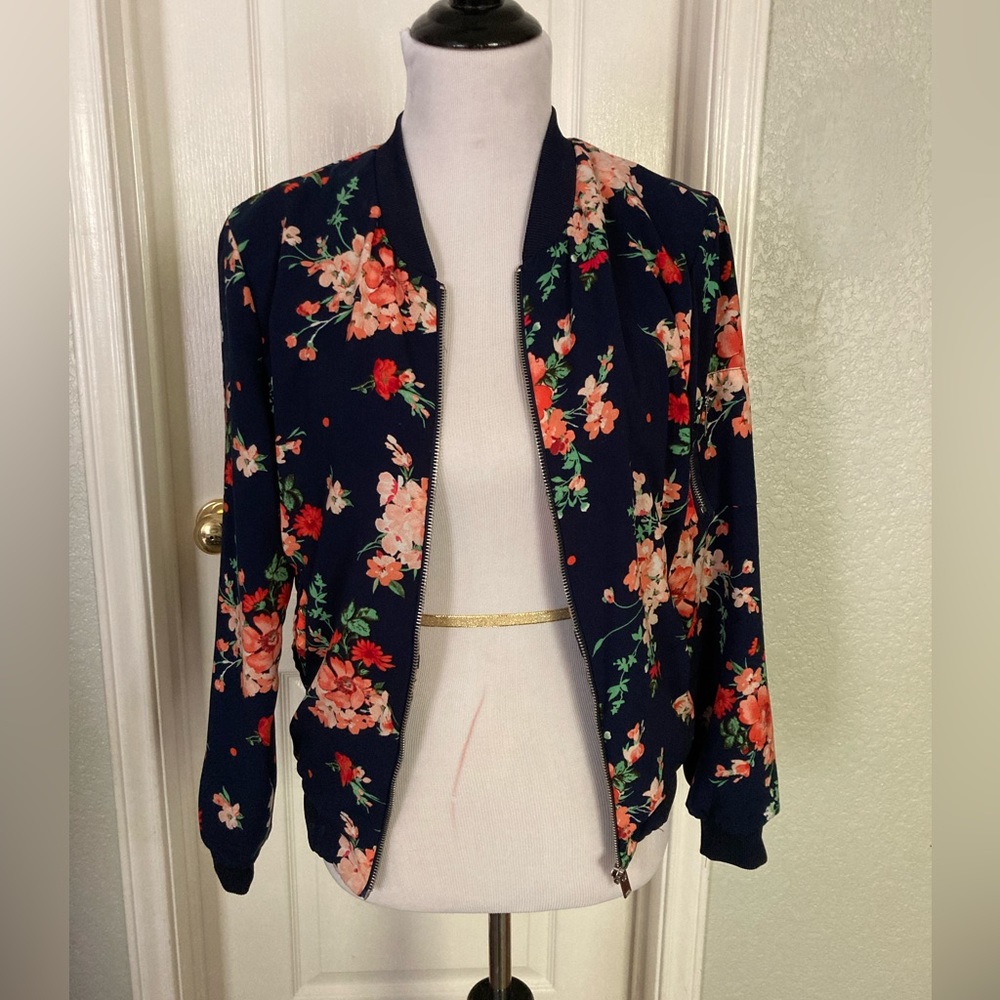 Bright Navy floral Love Tree bomber